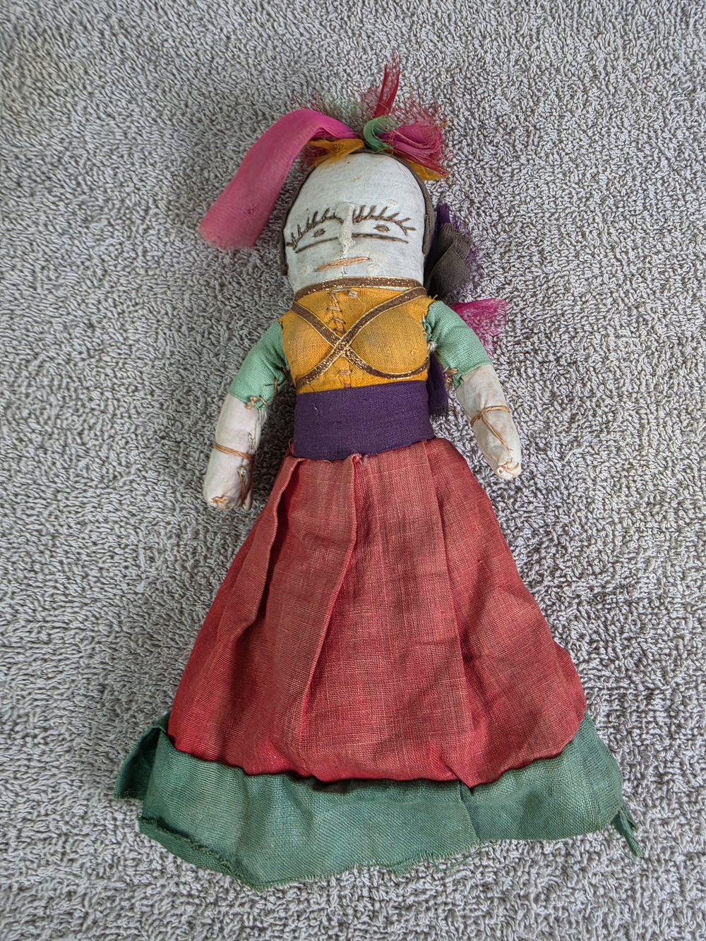 Handmade Folk Art Cloth Doll with Red Skirt and Green Trim